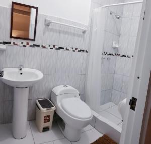 库斯科Hostal Cusco de mis Sueños的白色的浴室设有卫生间和水槽。