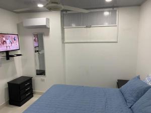 卡塔赫纳Hostal La Princesa的一间卧室配有一张床和一台平面电视