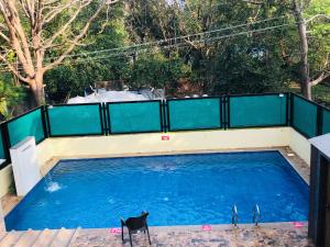 安君纳Goa Junction by Daystar Ventures的游泳池里设有围栏和一条黑狗
