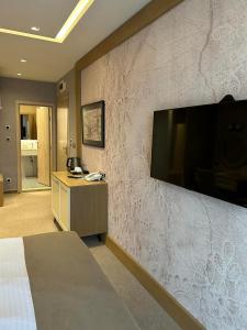 普罗夫迪夫City Park INN - Art Studio的酒店客房的墙上设有大屏幕平面电视。