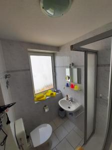 萨斯尼茨Villa Bella Vista - Meerblick 2的一间带水槽和卫生间的浴室以及窗户。