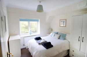 桑当The View, Sandown的卧室配有白色床和蓝色枕头