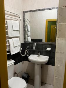 日托米尔RANDEVU的一间带水槽、卫生间和镜子的浴室