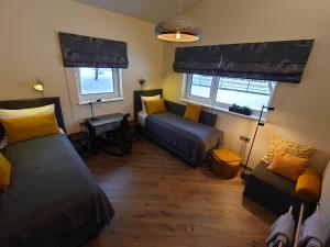 比尔什托纳斯MĖTA的一间卧室设有两张床、一张沙发和窗户。