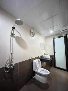 宁平Tam Coc Full House Homestay的一间带卫生间、淋浴和镜子的浴室