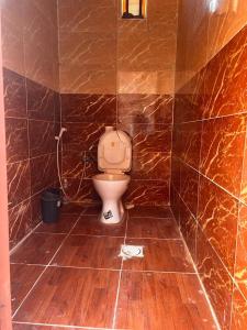瓦迪拉姆Sunset Mountain的棕色瓷砖墙内带卫生间的浴室