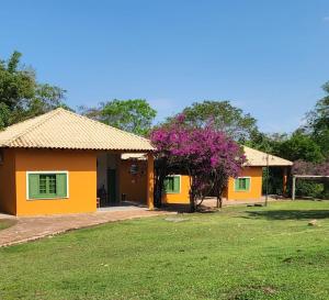 博多克纳Hotel Fazenda Cachoeiras Serra da Bodoquena的几栋黄色的房屋,有一棵树