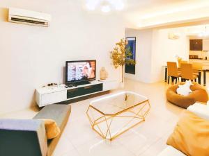 怡保Kinta Riverfront Suite @ Cozy Ipoh- 7paxs的一间带电视和沙发的客厅