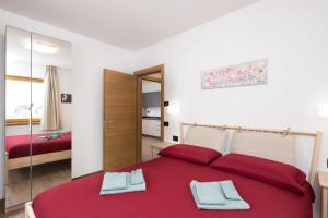 利维尼奥Pianeta Oro Chalet Allegra的一间卧室配有红色的床和镜子