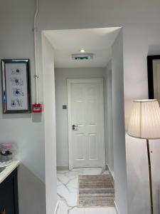 伦敦Elegant 2 Bed Flat in Chiswick的走廊上设有白色门和灯