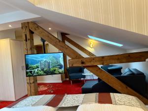 梅尔齐希Hotel Stadtvilla Laux的一间卧室配有一张床,并在一间客房内配有电视。