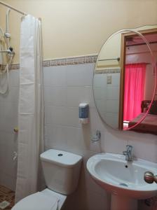 长滩岛Ocean Breeze Inn的一间带卫生间、水槽和镜子的浴室