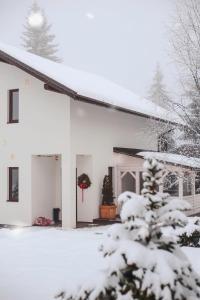 亚布卢尼齐亚GOOD DAYS Shale Resort 4 км до Буковеля的雪覆盖的房子,有圣诞花圈