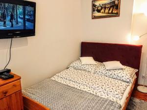 斯维诺乌伊希切Holiday flat, Swinoujscie的一间小卧室,配有一张床和一台平面电视