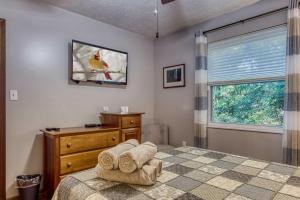 加特林堡Cozy Cabin with Mountain Views Near SkyLift Park!的一间卧室配有一张床、一个梳妆台和一扇窗户。