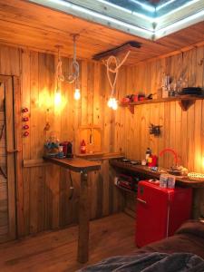 蒙特韦尔迪Cabana da Árvore - ForestPlace的厨房设有木墙和红色冰箱。