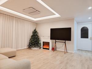 首尔Grand open Hongdae houes 4bdr 2bth的客厅配有圣诞树和平面电视。