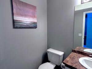 坎莫尔加拿大落基山小屋酒店的一间带卫生间的浴室和墙上的绘画