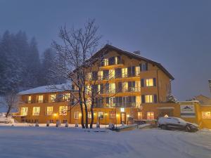 帕尔潘Grischalodge das Hotel mit Bergblick seit 1929的一座大建筑,有一辆汽车停在雪中