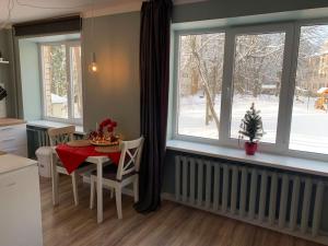 奥格雷Studio tipa dzīvoklis Ogrē的厨房配有桌椅和窗户。
