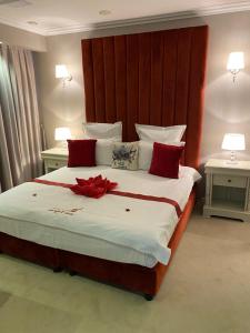 阿祖加HOTEL CARPAT INN的一间卧室配有一张带红色枕头的大床
