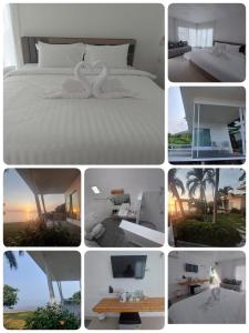 象岛White house bailan resort的一张床上的相片和天鹅