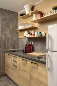 萨格勒布Apartment Viksa with Jacuzzi的厨房配有木制橱柜和白色冰箱。