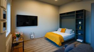 雷克雅未克Center Apartments - Esja的一间卧室配有一张床和一台平面电视