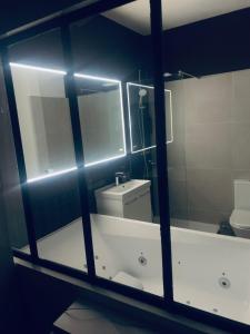 蒙特勒伊Sweet Love Room - Jacuzzi Privatif的带浴缸、卫生间和镜子的浴室