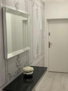 拉塔Jurata Apartament Glamour的一间设有一张带镜子和门的黑桌的房间