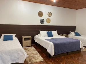 利纳雷斯Hotel Linares的一间卧室配有两张带蓝白色床单的床