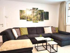 上陶恩Modern Mountain Apartment - free parking & sauna的客厅配有沙发和墙上的绘画