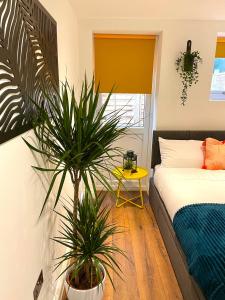 珀利Smart/ Modern one bedroom flat的一间卧室配有一张床和盆栽植物