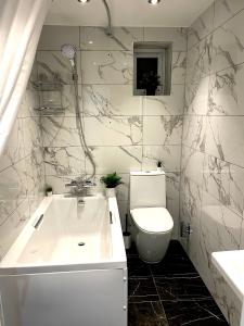 珀利Smart/ Modern one bedroom flat的带浴缸、卫生间和盥洗盆的浴室