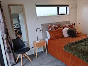 新普利茅斯Mangorei Heights - New Plymouth的一间卧室配有一张床、一把椅子和镜子