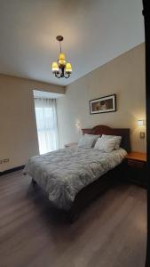 门多萨Quinta Manuela的一间卧室配有一张大床和一个吊灯。