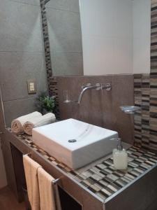 门多萨Quinta Manuela的浴室的柜台设有水槽和镜子