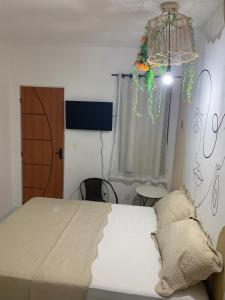 萨尔瓦多Aconchego de Itapuã的一间卧室配有一张床和一个吊灯