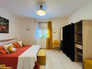 勒拉芒坦Appartement Manou的一间卧室配有床和黄色窗帘