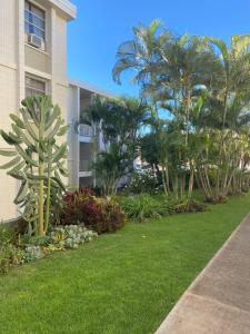 AieaPearlridge Gardens and Tower Aiea, Hawaii 96701的棕榈树建筑前的花园