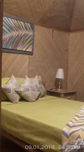 San FranciscoParaiso Cave & Restaurant & Resort的一间卧室配有一张绿色的床和一张带台灯的桌子