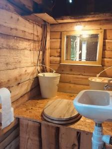 LlanbrynmairMongolian yurt sleeping 2+2 with outdoor space的木制浴室设有水槽和镜子