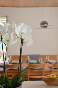 兹诺伊莫Holiday Home Znojmo w/ Wellness & Wine的坐在桌子上的白花花瓶