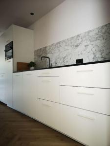 内斯Lanterfant的白色的厨房配有白色橱柜和水槽