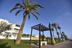 奇克拉纳－德拉弗龙特拉Apartamento Playa La Barrosa的棕榈树和大楼前的长凳