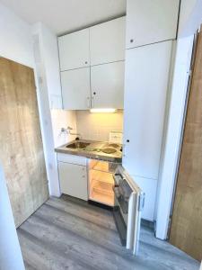 菲利普斯罗伊特Apartmány Almberg的小厨房配有白色橱柜和水槽