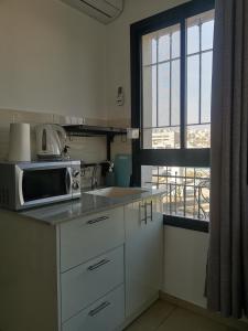 提比里亚נופש מול הכנרת Vacation in front of the Sea Galilee的厨房配有水槽、微波炉和窗户