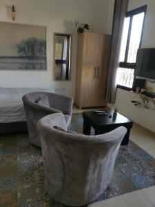 提比里亚נופש מול הכנרת Vacation in front of the Sea Galilee的客厅配有两把椅子、一张桌子和一张床
