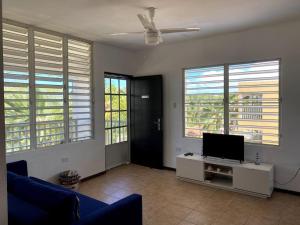 卡沃罗霍Ocean View, Playas del Caribe的一间带电视和一些窗户的客厅