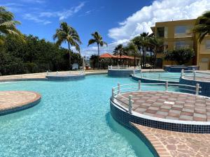 卡沃罗霍Ocean View, Playas del Caribe的拥有蓝水和棕榈树的度假村的游泳池